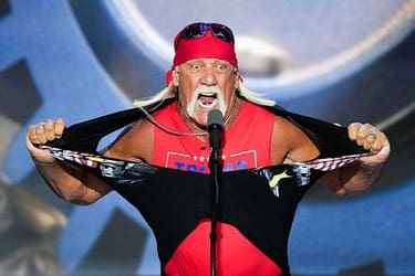 Hulk Hogan, professional entertainer and wrestler, speaks during the final day of the Republican National Convention at the Fiserv Forum on July 18, 2024. The final day of the RNC featured a keynote address by Republican presidential nominee Donald Trump.
