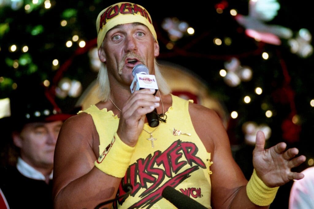 Dec 6, 1994; Nashville, TN, USA; Hulk Hogan talks up the Hulkamania at The Hard Rock Cafe in Nashville during a press conference. Mandatory Credit: Delores Delvin-USA TODAY NETWORK via Imagn Images