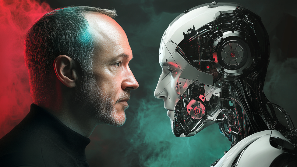 man staring at robot