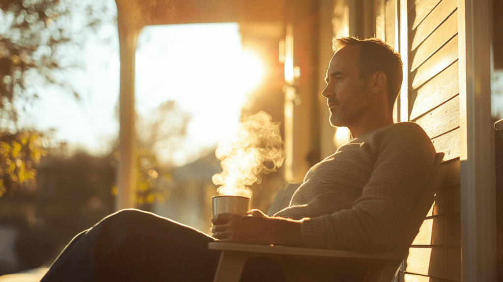 Man sitting on front porch with coffee