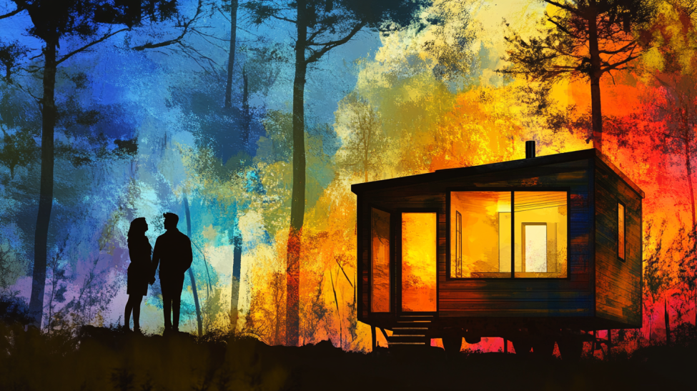 man and woman looking at a tiny house