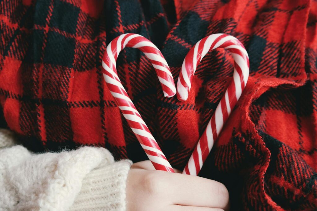 Close-up of a heart made from candy canes on a plaid blanket, perfect for winter holidays.