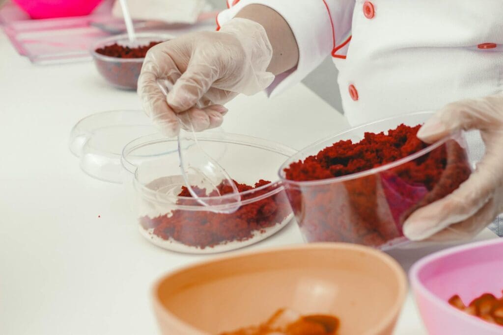 Close-up of a baker preparing red velvet cake batter, showcasing the vibrant red color and detailed process.