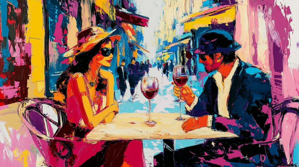 Couple drinking wine in Paris
