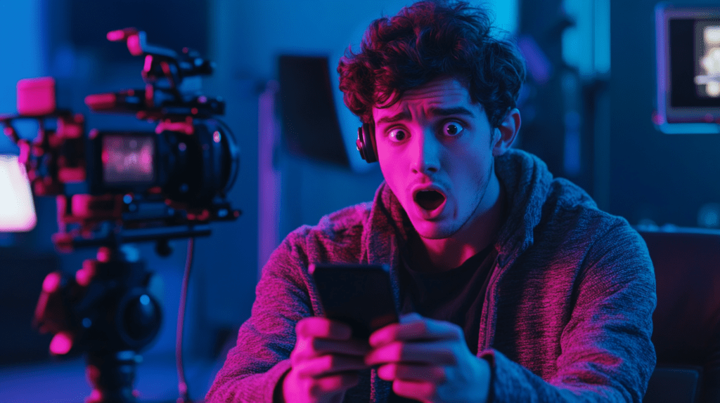 content creator looking at his phone with a shocked expression