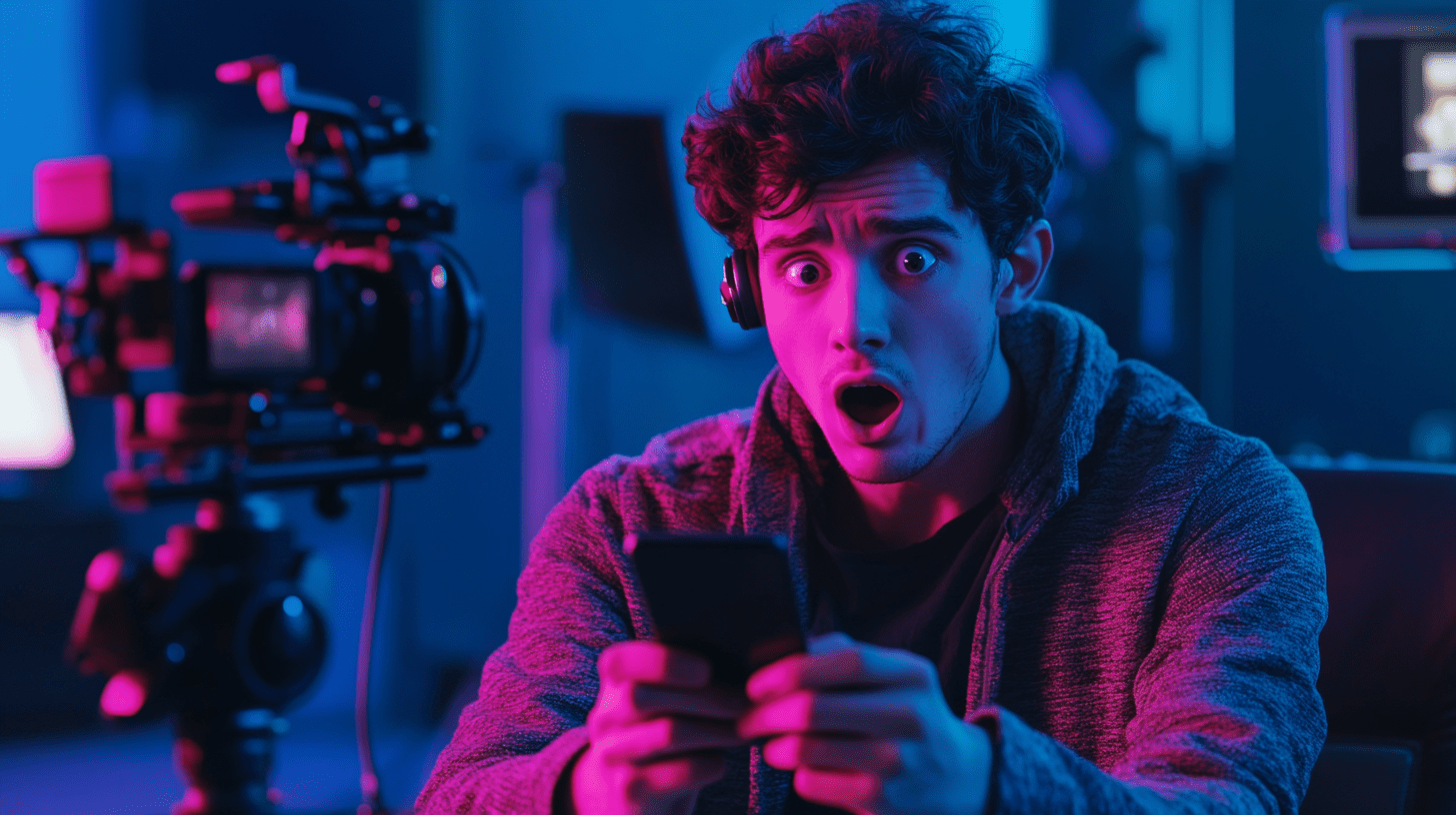 content creator looking at his phone with a shocked expression