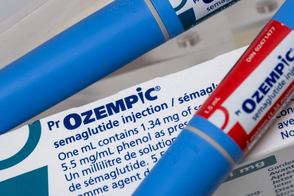 Montreal, CA - 16 November 2023: Ozempic semaglutide injection pens and box. Ozempic is a medication for obesity