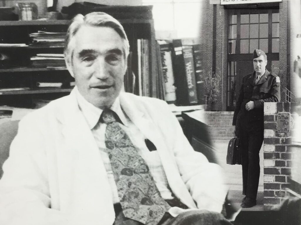 Earl Wood in his office at the Mayo Clinic with an inset photo from 1946 showing him in Heidelberg, as part of Operation Paperclip, seeking to recruit German scientists to work in the United States.