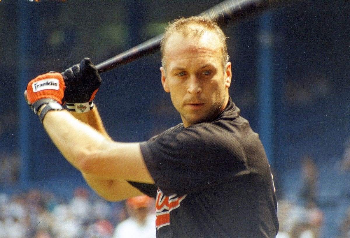 Cal Ripken Jr. preparing to swing at stadium
