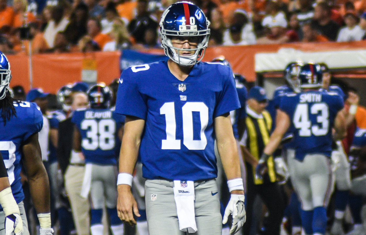 Eli Manning wearing a helmet