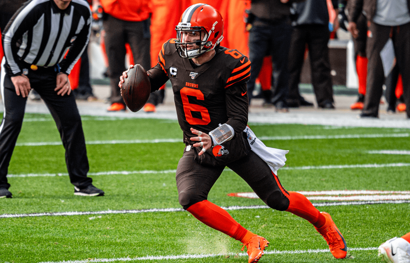 Browns quarterback Baker Mayfield running with ball