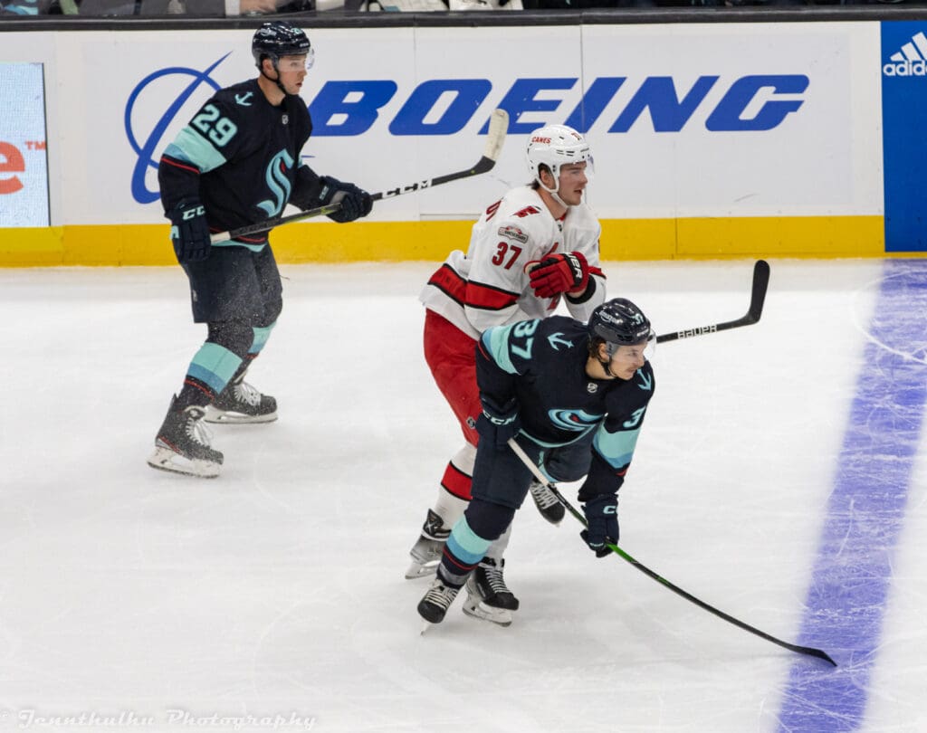 Carolina Hurricanes at Seattle Kraken - October 17, 2022 - Vince Dunn, Yanni Gourde and Andrei Svechnikov (52438256714)