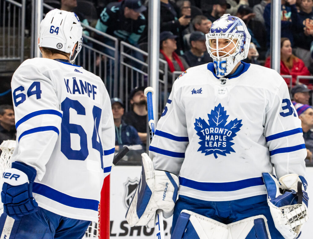 Toronto Maple Leafs at Seattle Kraken - 2024-01-21 - Ilya Samsonov and David Kämpf (53479861664)