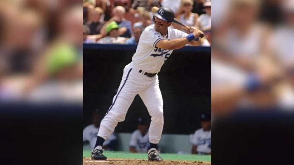 KC Royals player George Brett bats during a 1990 game at Royals Stadium.