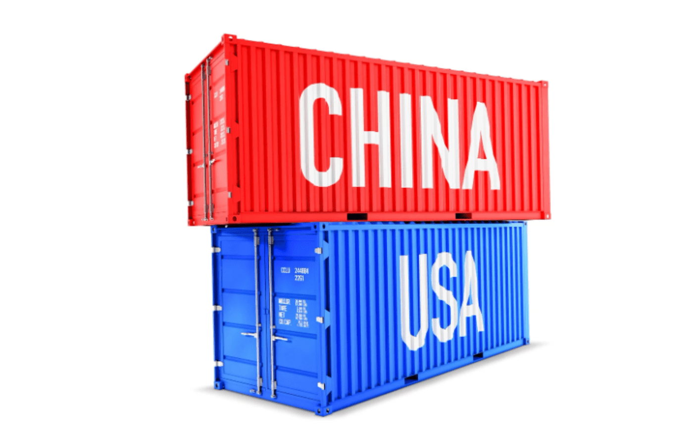 Red and blue cargo containers labeled China and USA