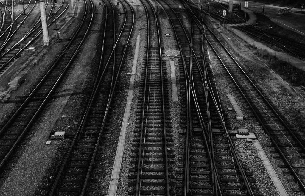 1920s-style rail crossing between two countries