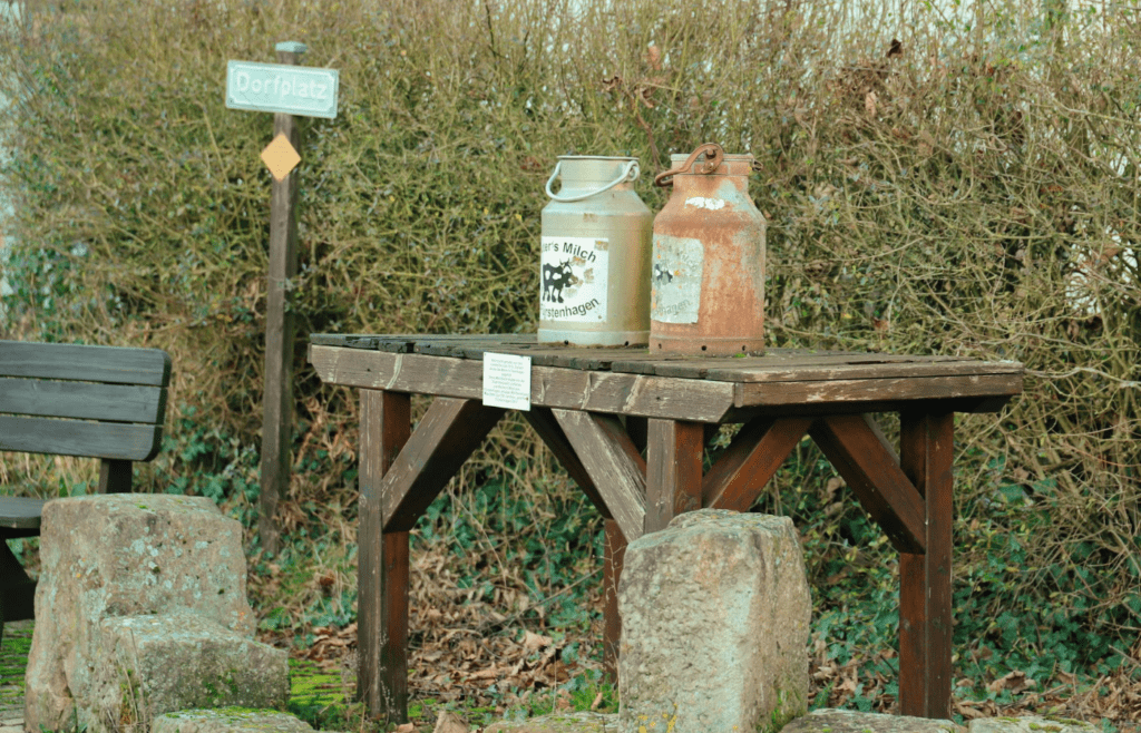 Milk Cans on Wooden Farm Table
