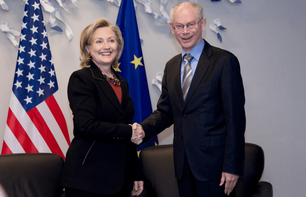 President Van Rompuy shakes hands with US Secretary of State, Hillary Clinton
