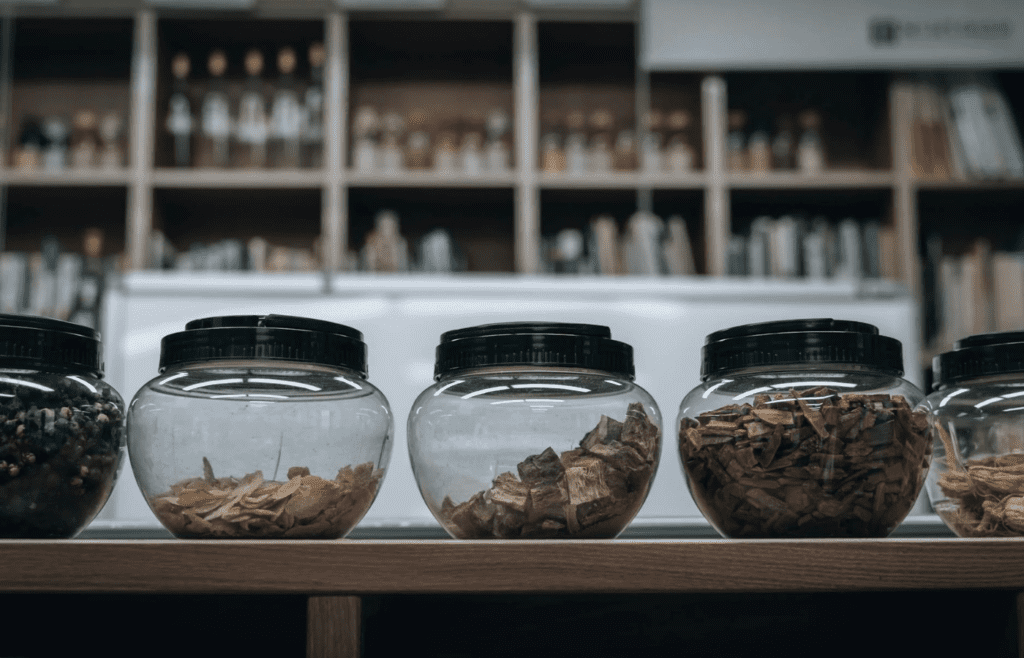 Herbal products in Bowls on Table in Store