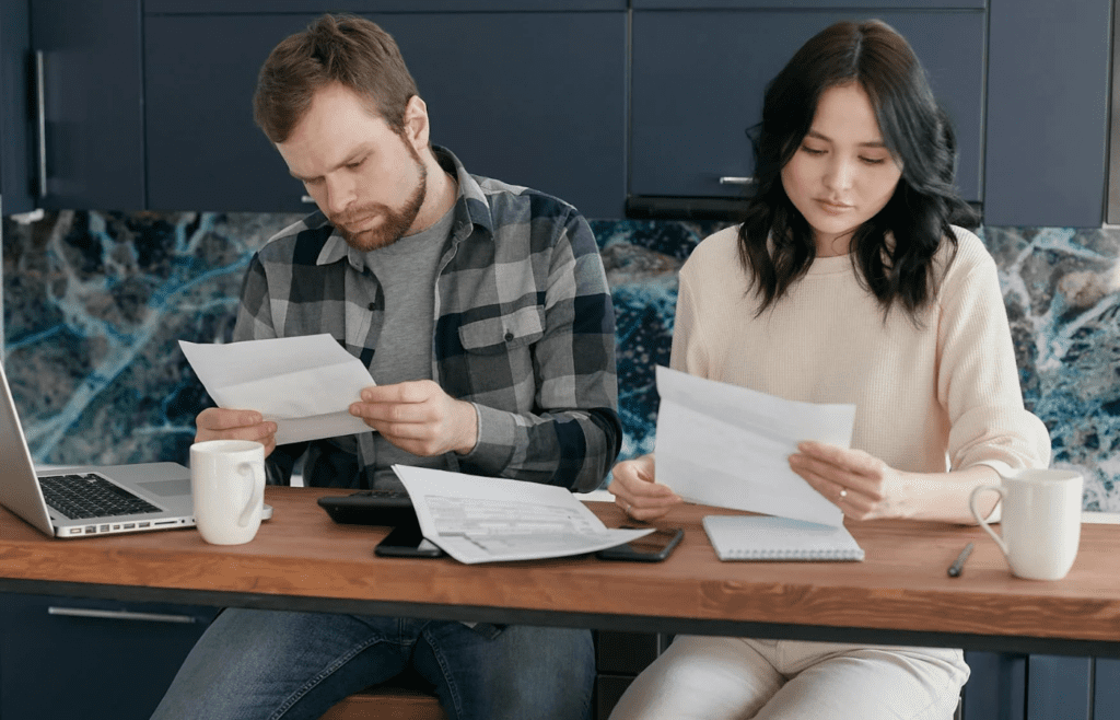 Family checking details of insurance papers