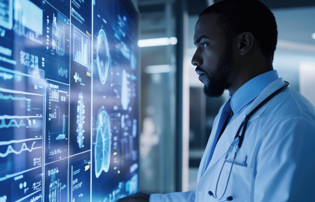 Doctor analyzing AI-driven pharmaceutical results
