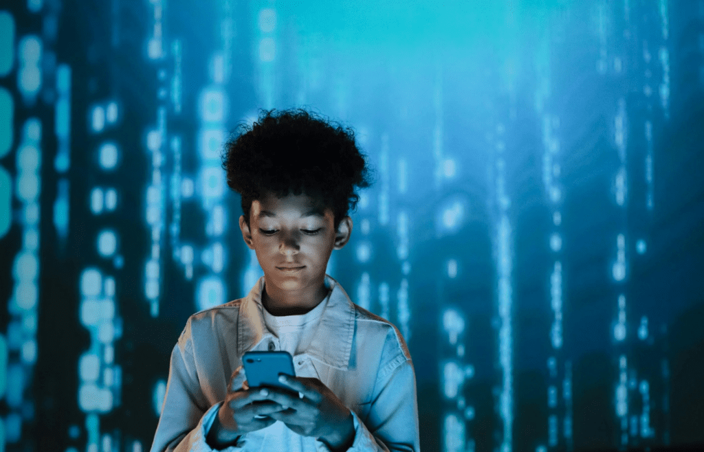 Teenager chatting with mental health app on phone