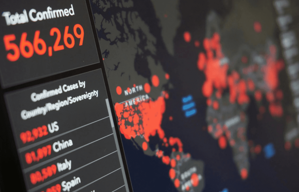 Digital dashboard showing global virus outbreak data