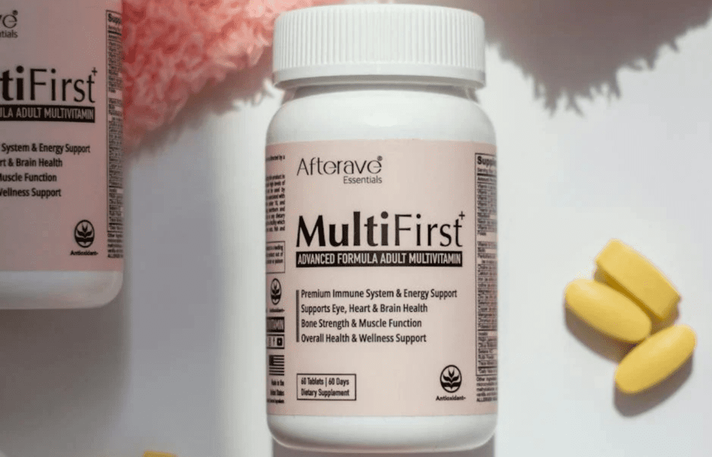 Multivitamin Bottle and Pills on White Surface