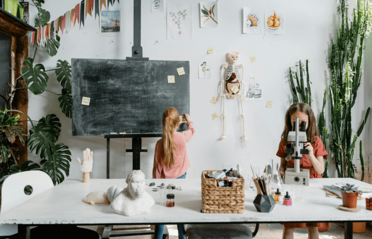 Children learning science in a modest school room
