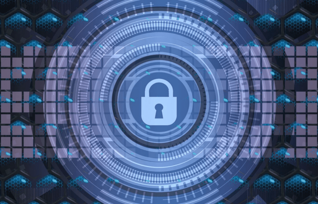 Digital padlock icon with futuristic security interface