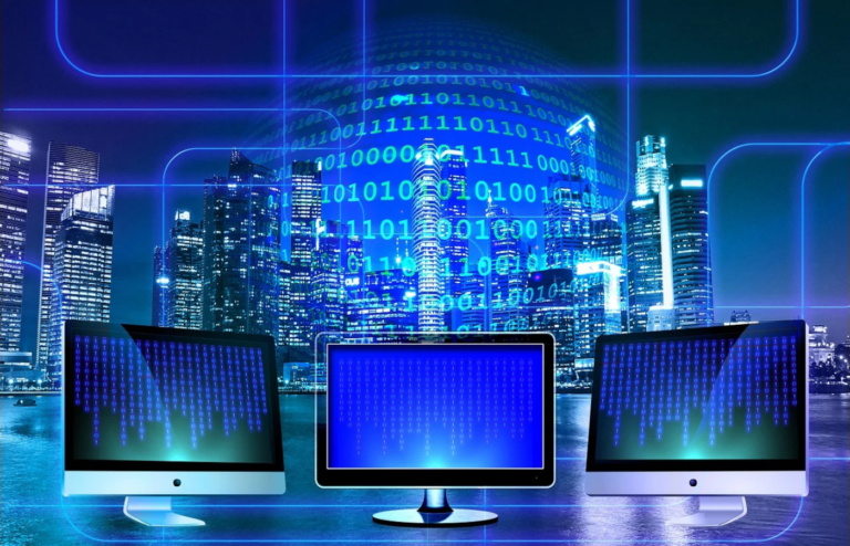 Futuristic computer lab with binary code display