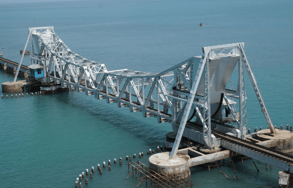 Movable railway bridge raised for boat traffic