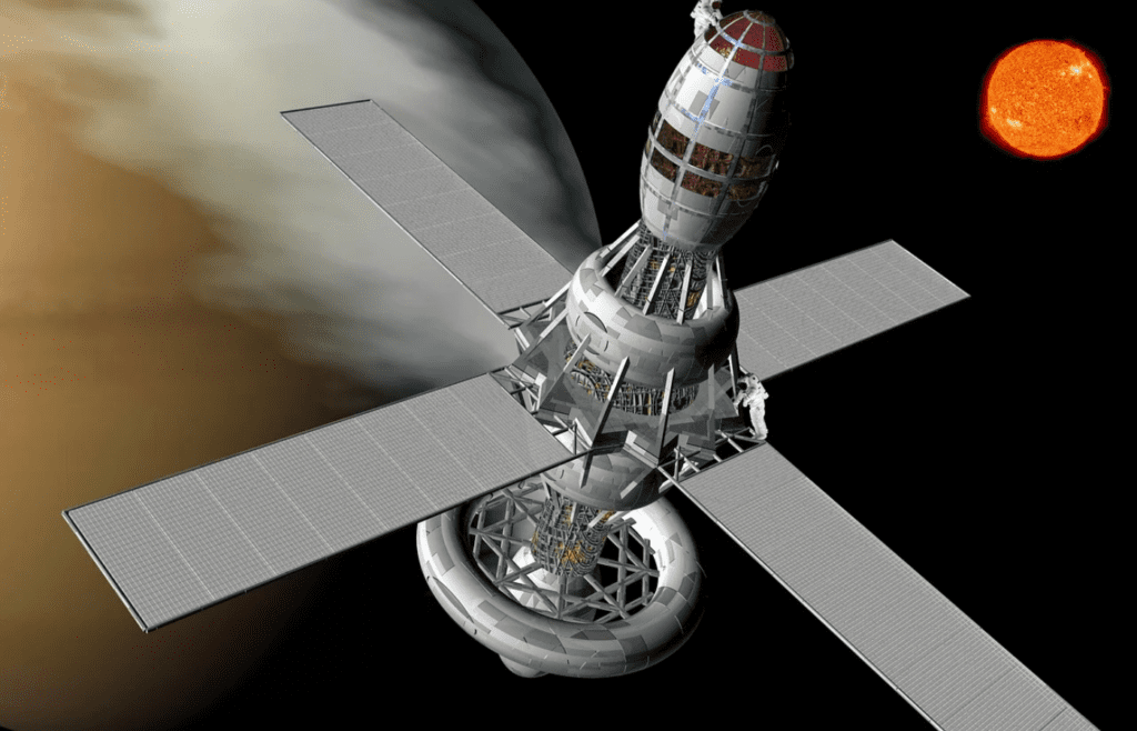 High-tech space station floating near the Moon