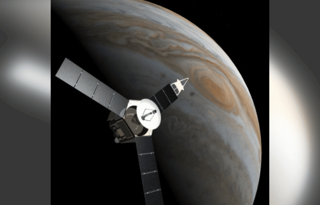 Futuristic spacecraft flying by Jupiter’s surface