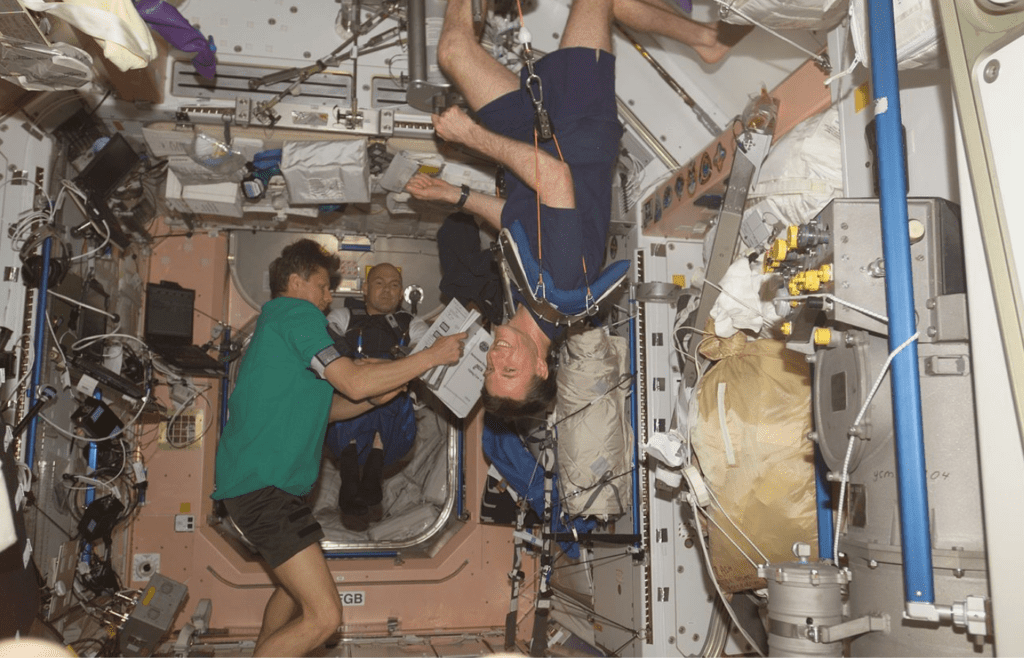 Space crew experiencing microgravity aboard spacecraft module