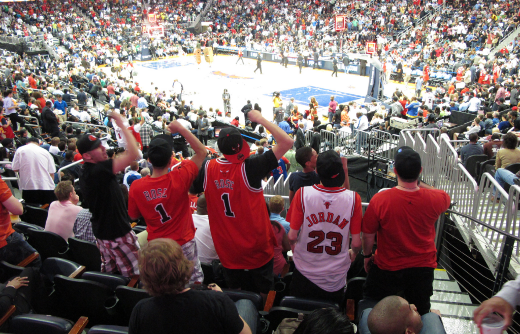 Chicago Bulls fans cheering during live basketball game