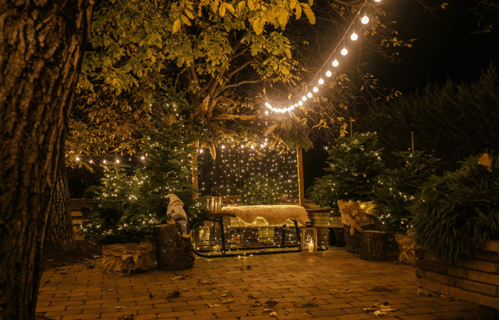 String lights draped across a patio or between trees