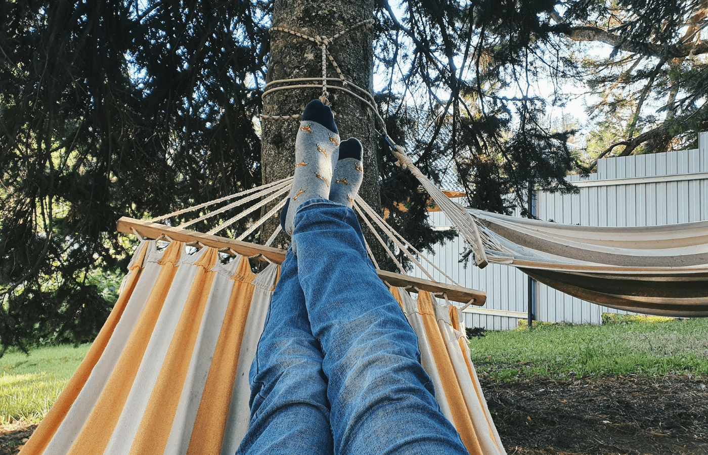 A backyard hammock between two posts or trees