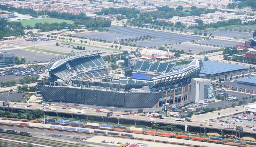 Philadelphia, Pennsylvania, U.S.A - July 15, 2024 - The aerial view of Lincoln Financial Field, the main football stadium in the city next to Interstate 95