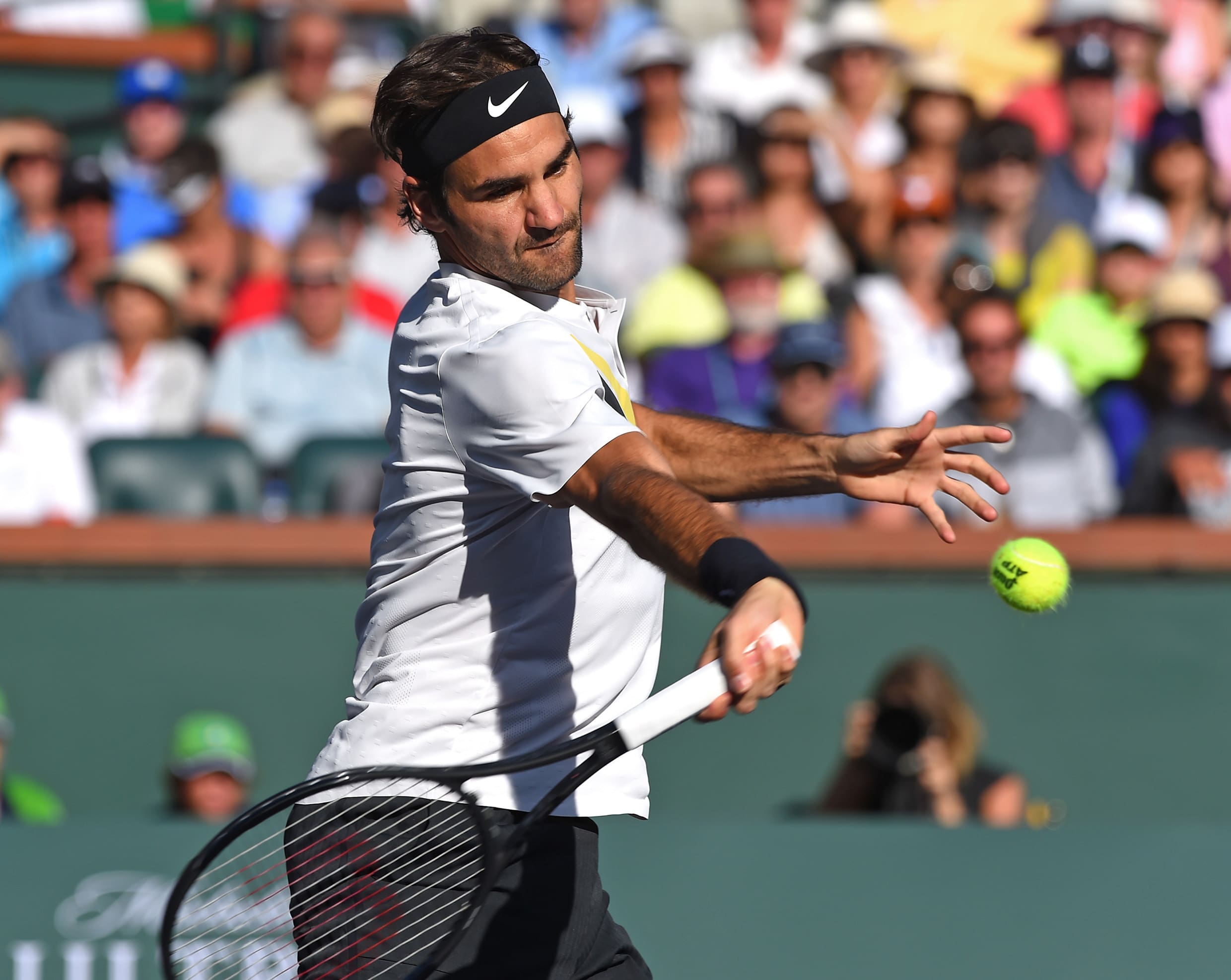 Mar 14, 2018; Indian Wells, CA, USA; Roger Federer (SUI) during his fourth round match against Jeremy Chardy (not pictured) in the BNP Paribas Open at the Indian Wells Tennis Garden. Mandatory Credit: Jayne Kamin-Oncea-USA TODAY Sports