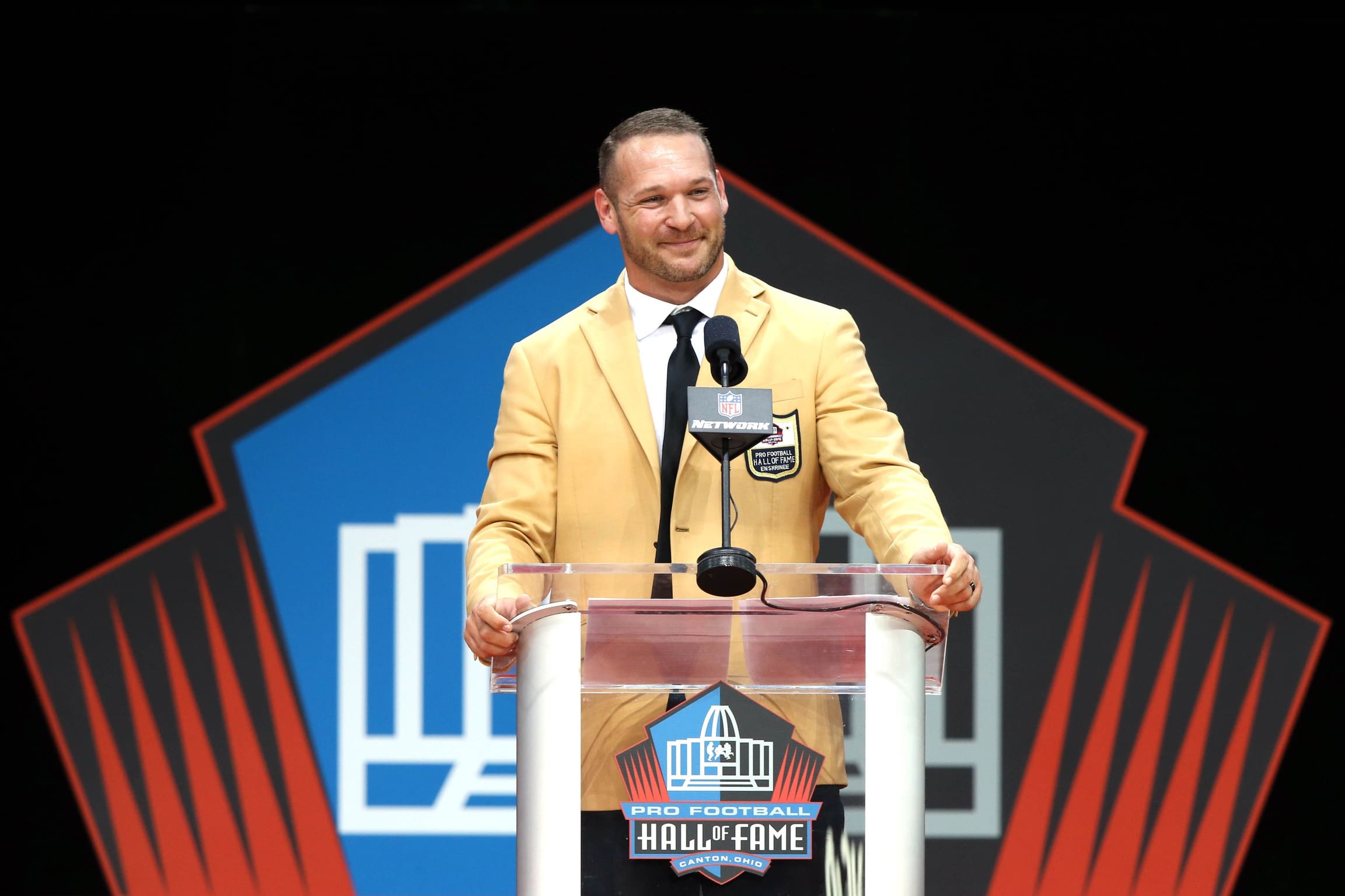 Aug 4, 2018; Canton, OH, USA; Pro Football Hall of Fame Class of 2018 enshrinee Brian Urlacher during the Pro Football Hall of Fame Enshrinement Ceremony at Tom Bensen Stadium. Mandatory Credit: Aaron Doster-USA TODAY Sports