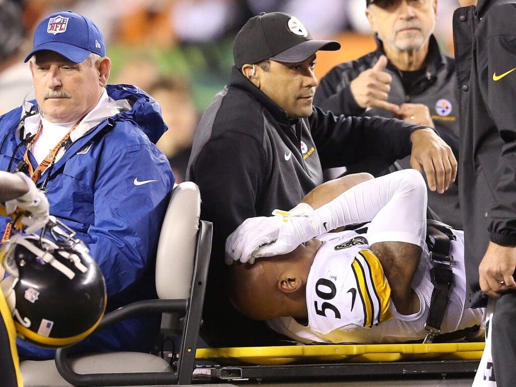 Pittsburgh Steelers inside linebacker Ryan Shazier (50) is carted off the field after suffering an injury in the first quarter during the Week 13 NFL game between the Pittsburgh Steelers and the Cincinnati Bengals, Monday, Dec. 4, 2017, at Paul Brown Stadium in Cincinnati. Cincinnati leads 17-0 at halftime.