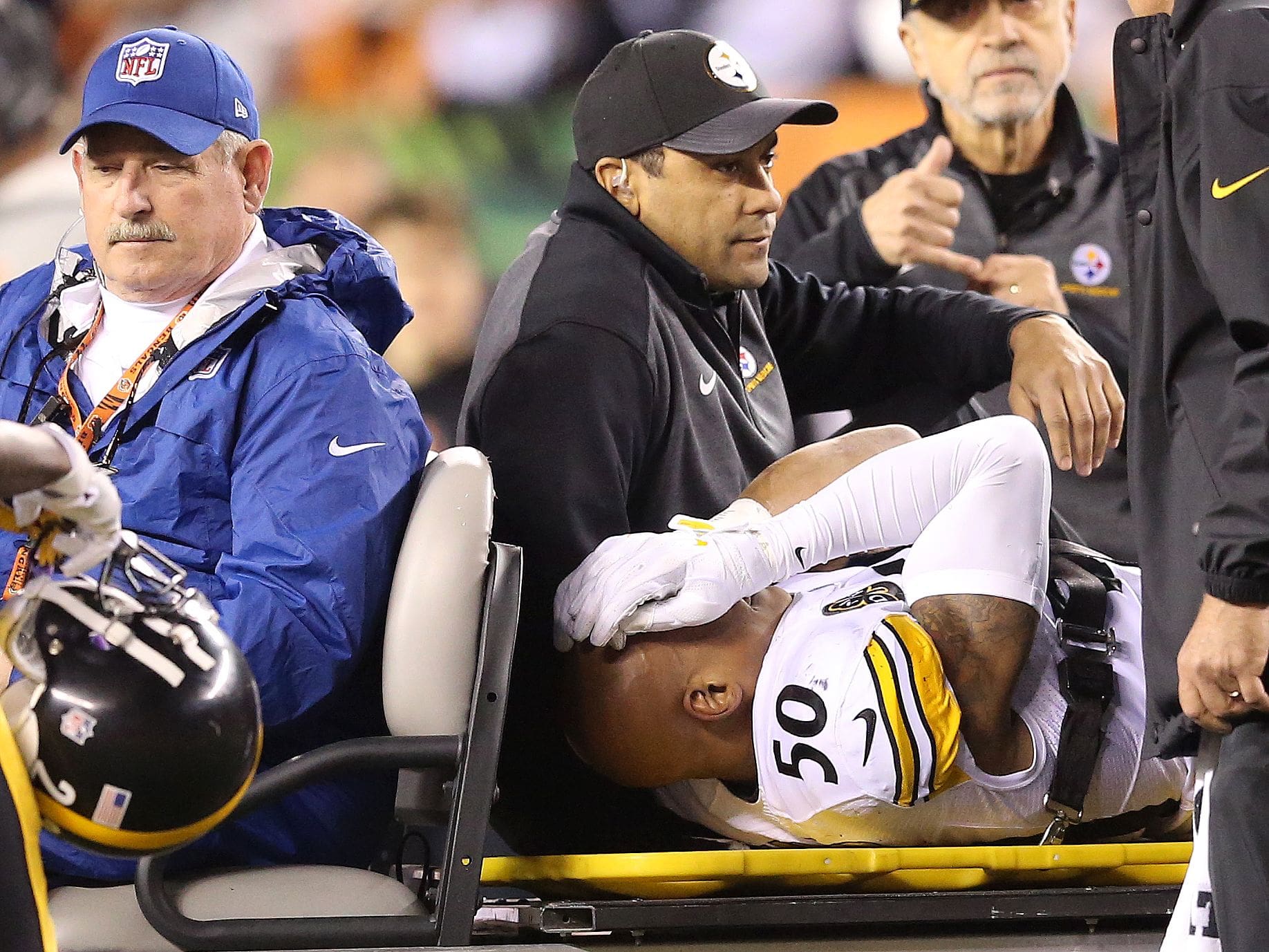 Pittsburgh Steelers inside linebacker Ryan Shazier (50) is carted off the field after suffering an injury in the first quarter during the Week 13 NFL game between the Pittsburgh Steelers and the Cincinnati Bengals, Monday, Dec. 4, 2017, at Paul Brown Stadium in Cincinnati. Cincinnati leads 17-0 at halftime.
