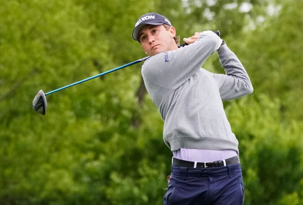 May 10, 2019; Dallas, TX, USA; Smylie Kaufman plays his shot from the fourth tee during the second round of the AT&T Byron Nelson golf tournament at Trinity Forest Golf Club.