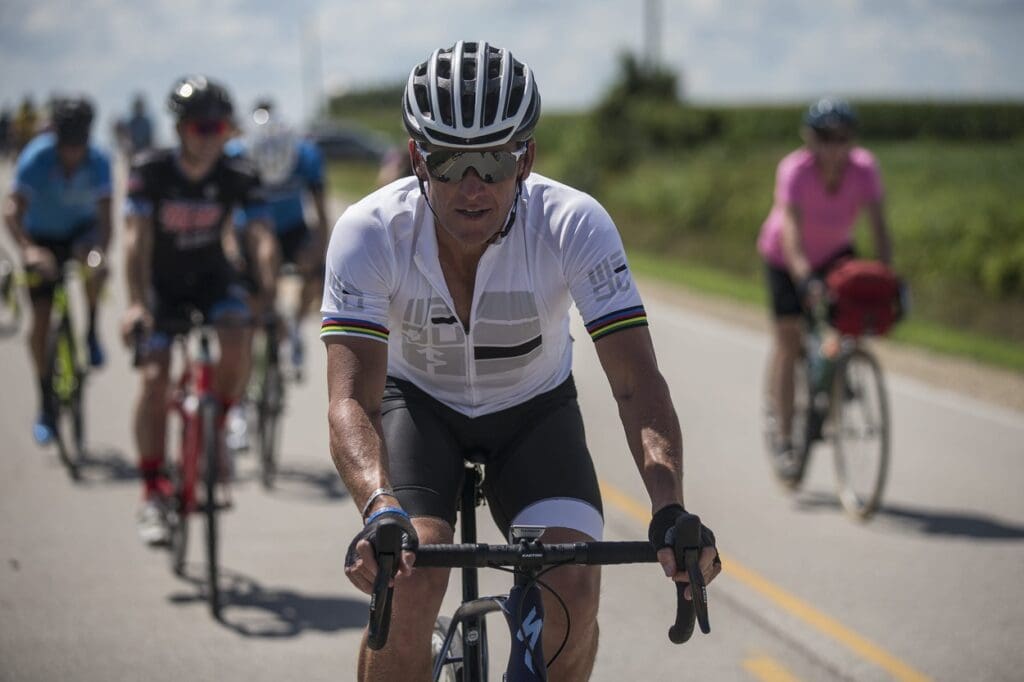 Lance Armstrong, who won the Tour de France seven consecutive times but had the victories stripped because of doping, rides to Protivin, Iowa, during RAGBRAI on July 27, 2017.
Ragbrai Thurs Kk