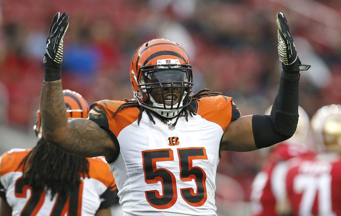 Cincinnati Bengals outside linebacker Vontaze Burfict (55) reacts to a defensive stop in the fourth quarter during the Week 15 NFL game between the Cincinnati Bengals and the San Francisco 49ers, Sunday, Dec. 20, 2015, at Levi's Stadium in Santa Clara, California. The Bengals won 24-14, improving to 11-3 on the season. 122015 Bengals 49ers