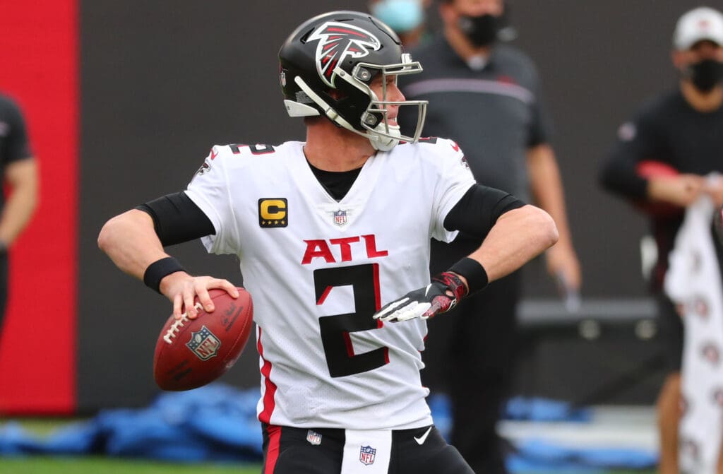 Jan 3, 2021; Tampa, Florida, USA; Atlanta Falcons quarterback Matt Ryan (2) throws the ball against the Tampa Bay Buccaneers during the second quarter at Raymond James Stadium. Mandatory Credit: Kim Klement-USA TODAY Sports