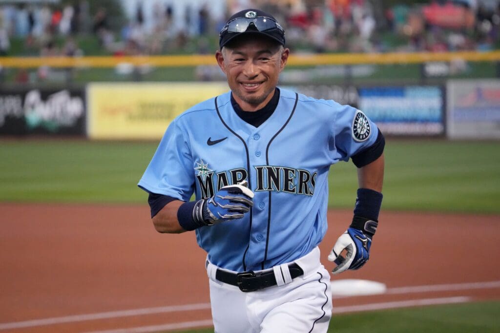 Mar 25, 2022; Peoria, Arizona, USA; Seattle Mariners special assistant coach Ichiro Suzuki looks on prior to the game against the Chicago White Sox at Peoria Sports Complex. Mandatory Credit: Joe Camporeale-USA TODAY Sports
