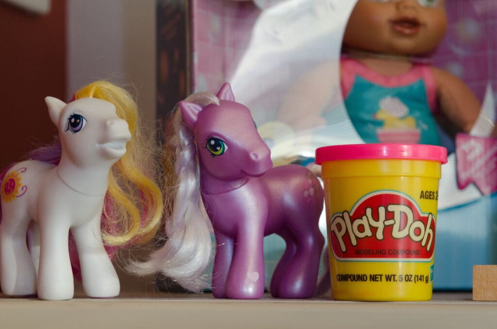 My Little Pony figures adorn an employees desk at Hasbro headquarters.