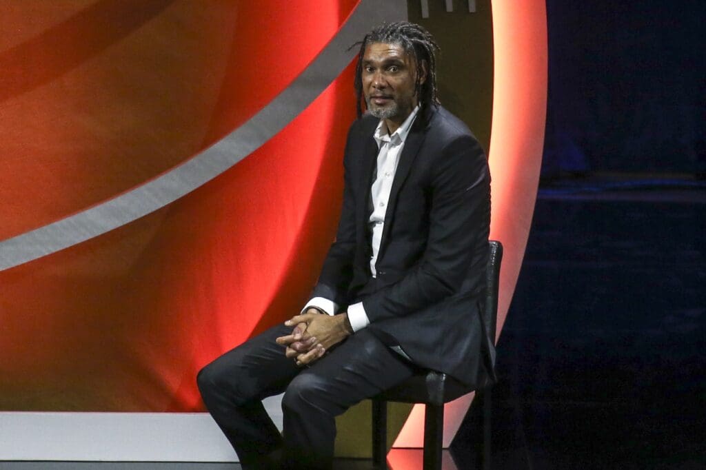Sep 10, 2022; Springfield, MA, USA; Tim Duncan on stage during the 2022 Basketball Hall of Fame induction for Manu Ginobili at Symphony Hall. Mandatory Credit: Wendell Cruz-USA TODAY Sports